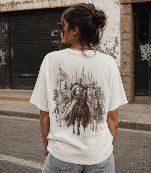 A woman viewed from behind wearing a white graphic t-shirt with a large medieval knight illustration on the back, set against an urban street background.
