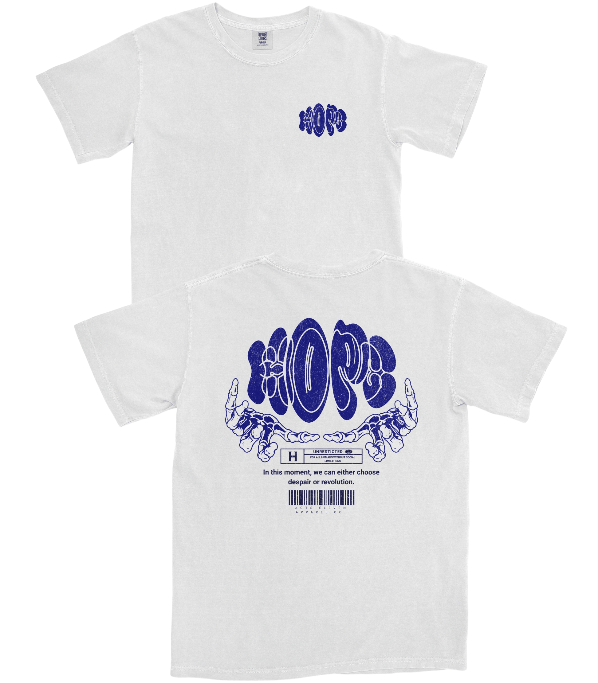 A white short-sleeve t-shirt shown from both front and back. The front features a small blue graphic on the left chest reading 'HOPE'.