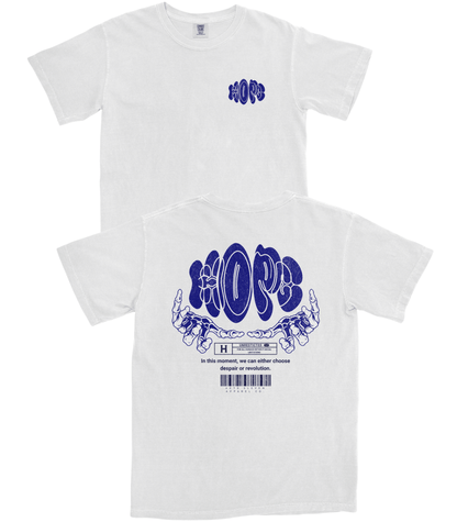 A white short-sleeve t-shirt shown from both front and back. The front features a small blue graphic on the left chest reading 'HOPE'.