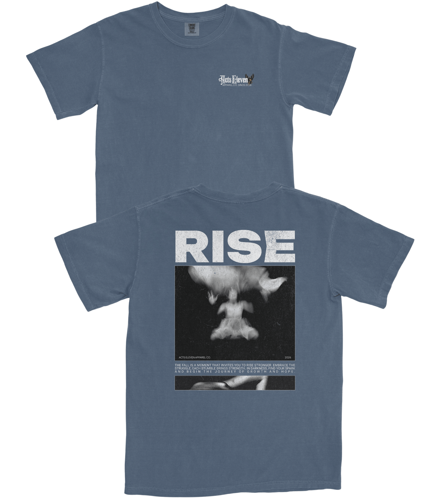 A dusty blue short-sleeve t-shirt shown from both front and back. The front features a small white 'Jim Morrison' graphic on the left chest.