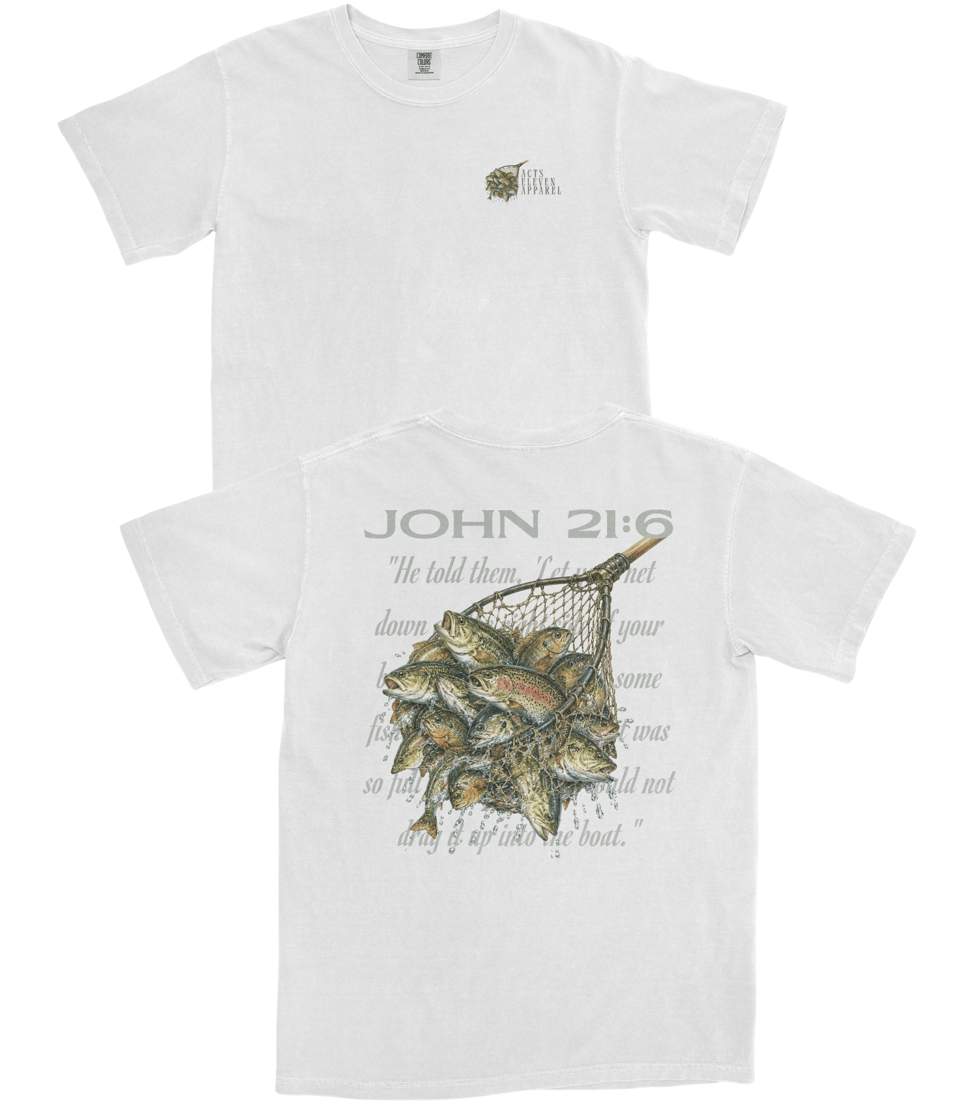 Two white short-sleeve t-shirts shown on a plain white background, with the front view above and the back view below. The front has a small chest graphic with a fish and the word 'Biblical'.