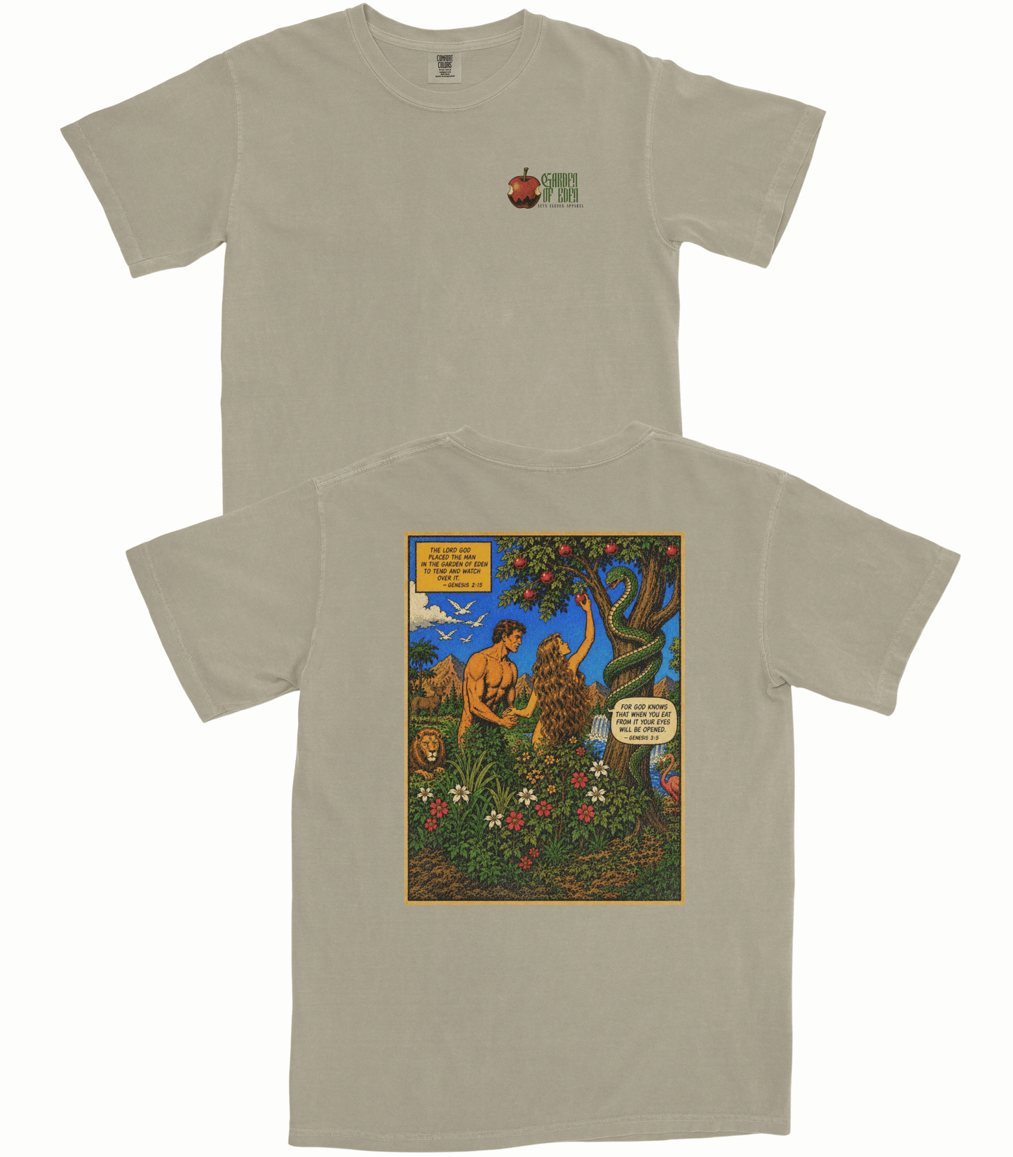 A light beige crewneck t-shirt shown from both the front and back. The front features a small green and red graphic on the left chest.