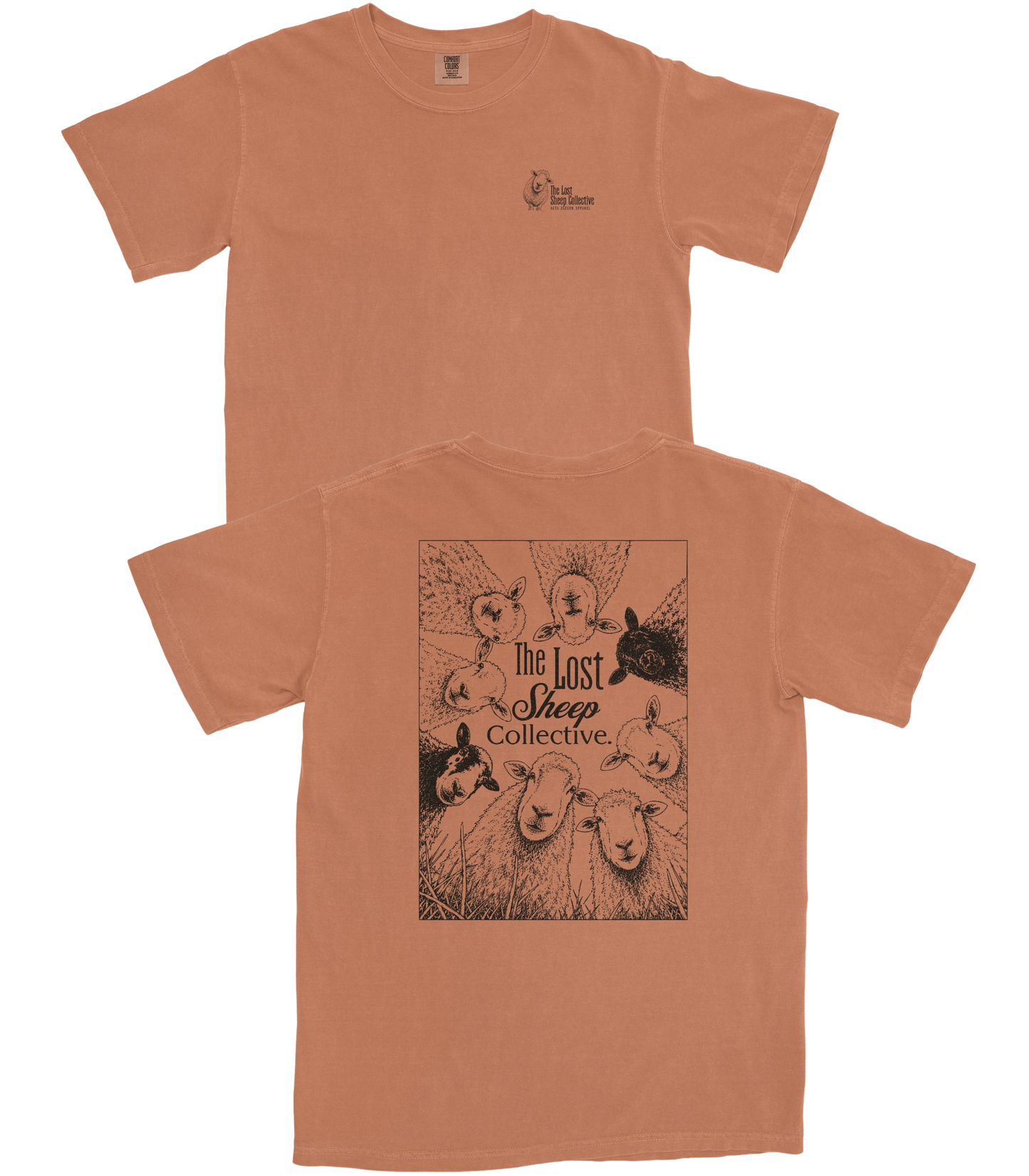 Two views of a terracotta-colored short-sleeve t-shirt on a white background. The top view shows the front with a small black graphic on the left chest, and the bottom view shows the back with a large square black graphic featuring sheep and the text 'The Lost Sheep Collective'.