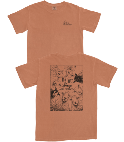Two views of a terracotta-colored short-sleeve t-shirt on a white background. The top view shows the front with a small black graphic on the left chest, and the bottom view shows the back with a large square black graphic featuring sheep and the text 'The Lost Sheep Collective'.