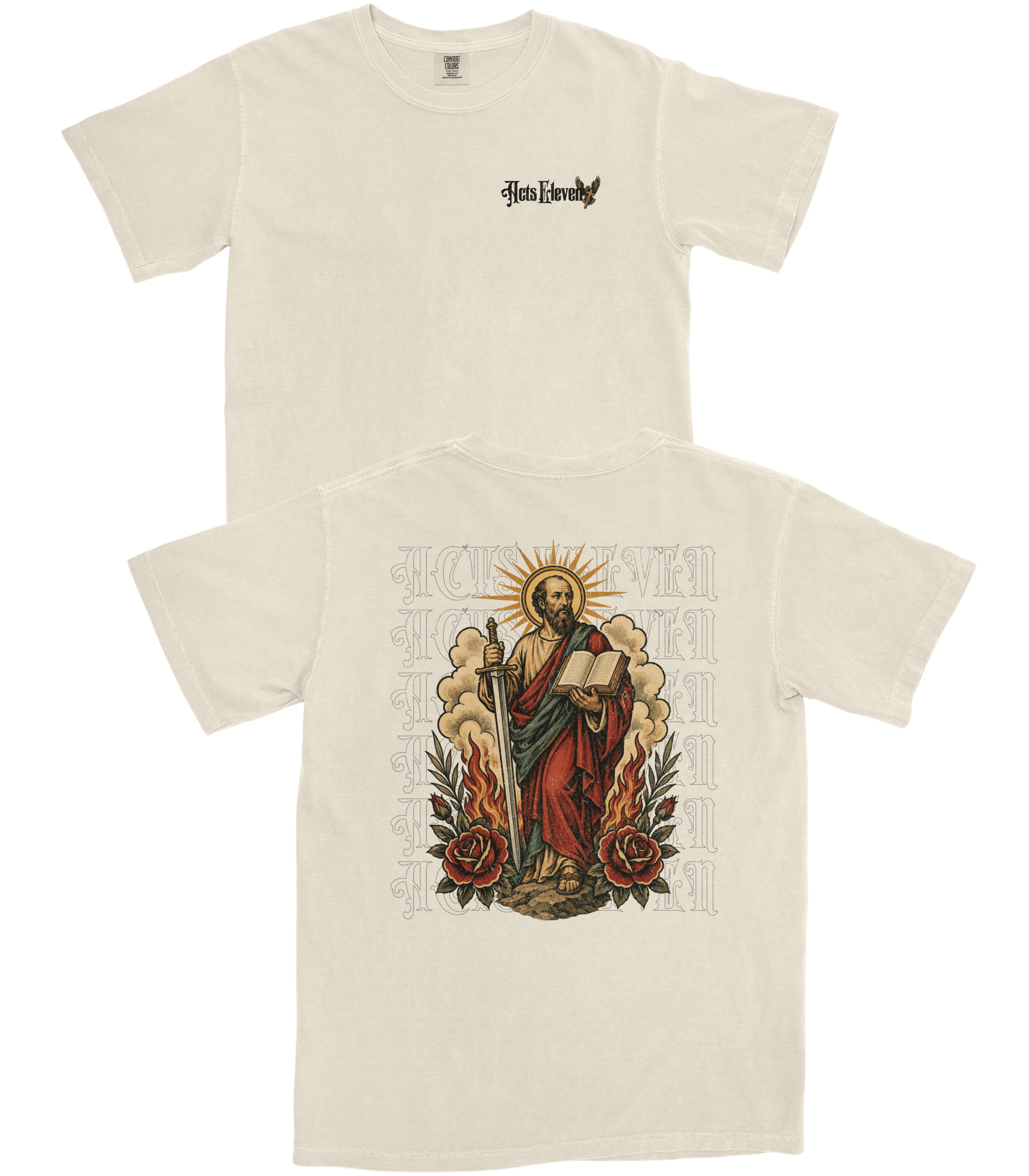 Two views of an off-white/cream t-shirt on a white background. The top view shows the front chest with a small black graphic reading 'Himself'.
