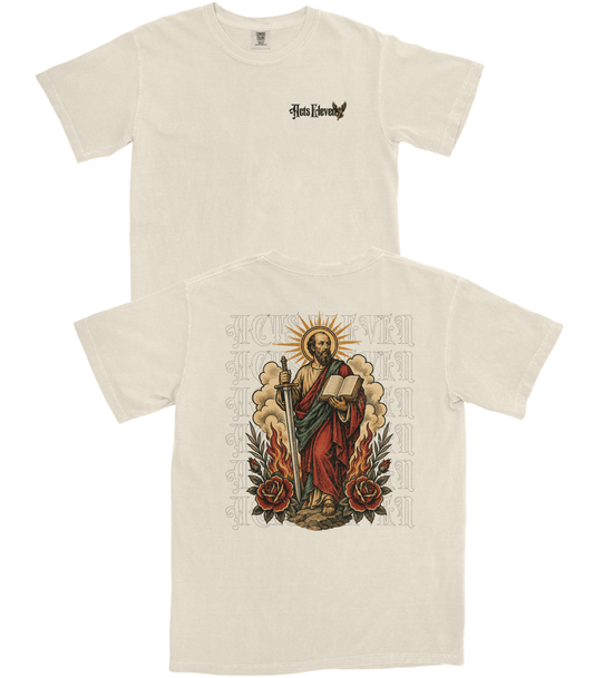 Two views of an off-white/cream t-shirt on a white background. The top view shows the front chest with a small black graphic reading 'Himself'.