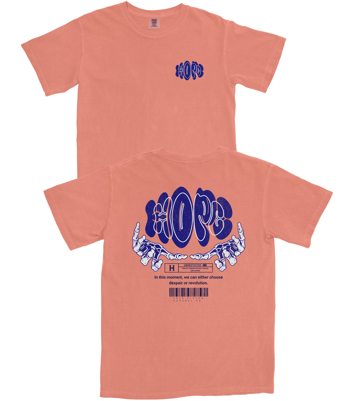 A peach-colored short-sleeve t-shirt shown from both the front and back. The front features a small blue graphic on the left chest reading 'HOPE'.
