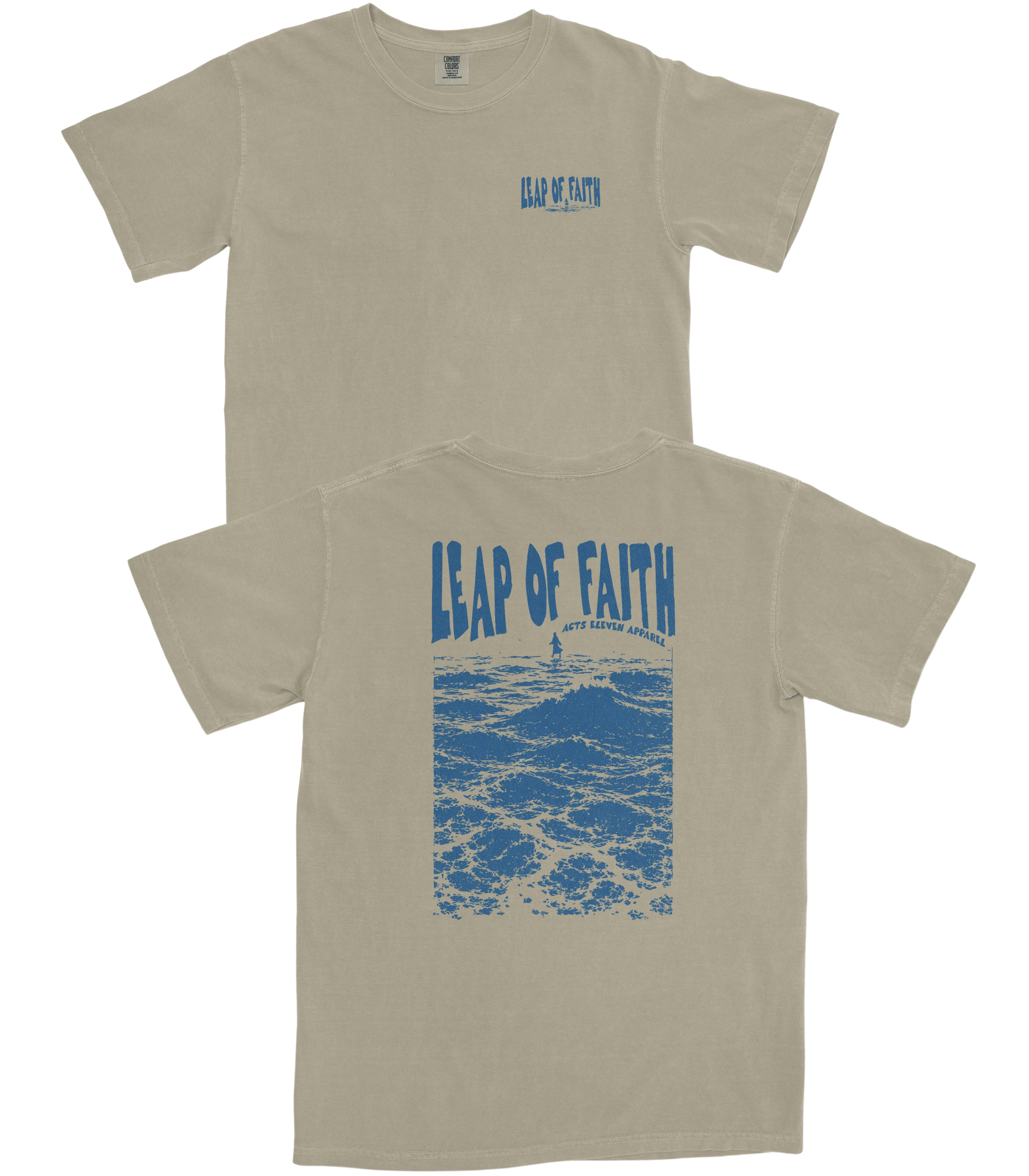 A light beige crewneck t-shirt shown from both the front and back. The front features a small blue graphic on the left chest reading 'LEAP OF FAITH'.