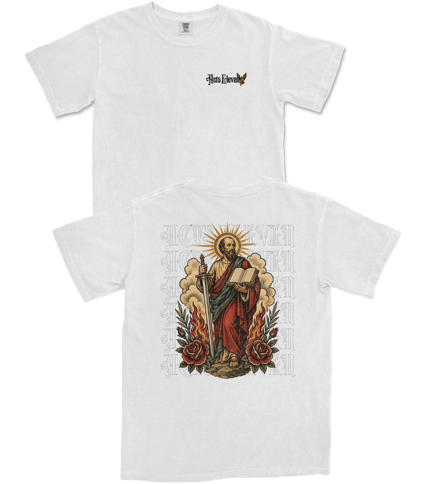 Two white short-sleeve T-shirts shown on a plain white background, with the front view above and the back view below. The front has a small black 'Him & Her' logo on the left chest.
