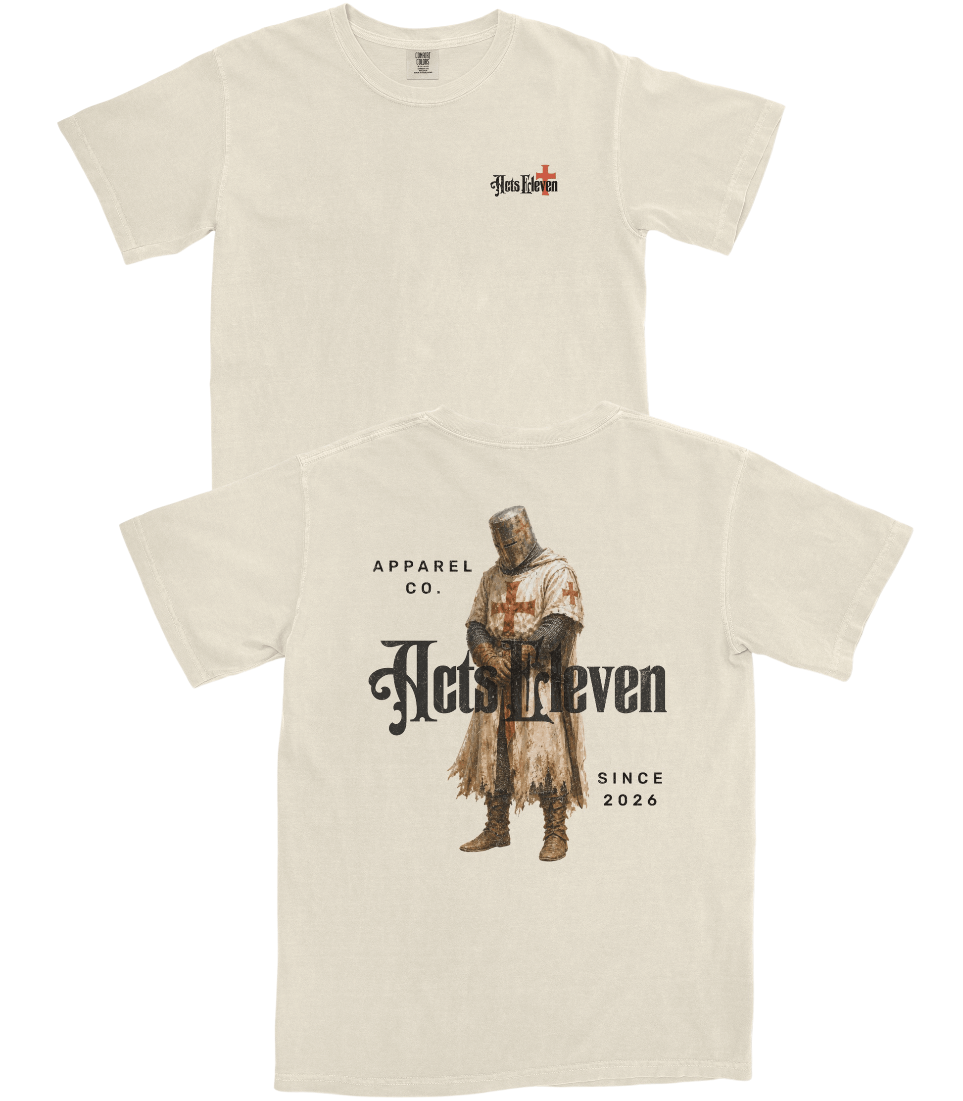 Two cream-colored short-sleeve t-shirts shown flat against a white background, displaying both the front and back designs. 
