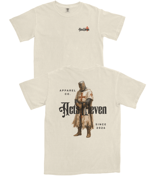 Two cream-colored short-sleeve t-shirts shown flat against a white background, displaying both the front and back designs. 