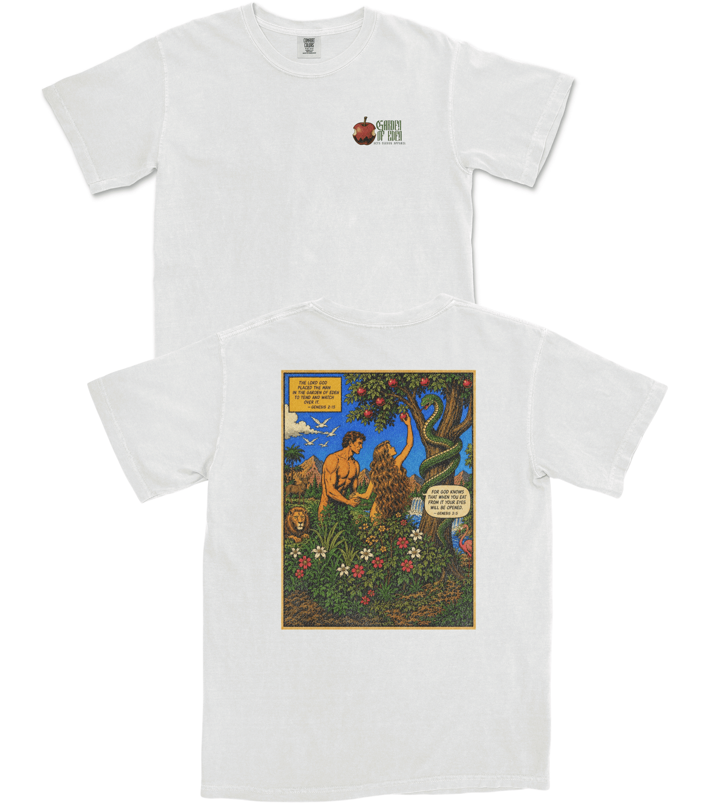 A white short-sleeve t-shirt shown from both front and back. The front features a small graphic on the left chest depicting a red apple with green leaves and a small green emblem.