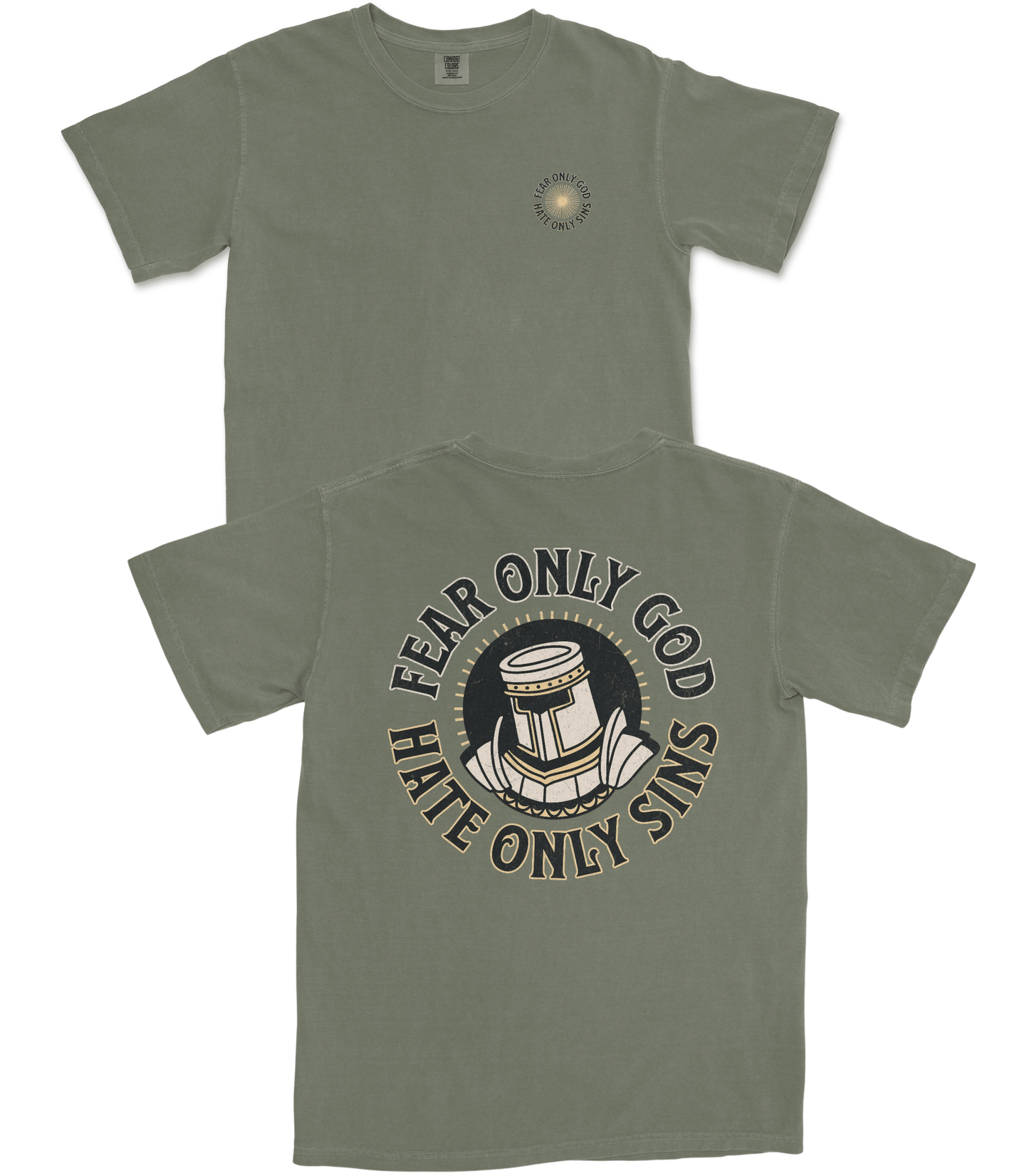 A light khaki-beige t-shirt shown from both the front and back. The front features a small gothic-style logo on the left chest, while the back displays a large matching graphic reading 'WMD' in gothic font with 'Fete Eleven Hippo' underneath.