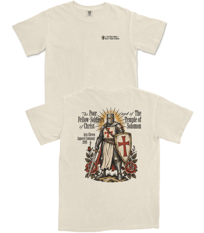 Two cream-colored t-shirts shown against a white background, displaying the front and back designs. The front features a small black logo on the left chest, while the back displays a large graphic of a knight in Templar armor with a red cross shield, roses, and text reading 'The Poor Fellow Soldier of Christ' and 'Legend of the Temple of Solomon'.