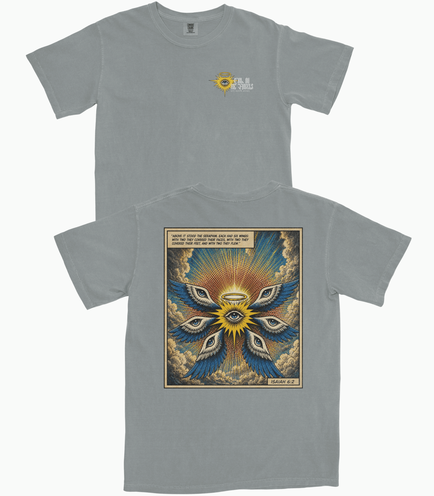 A light gray crewneck t-shirt shown from both the front and back. The front features a small yellow and white 'GEM' logo on the left chest.