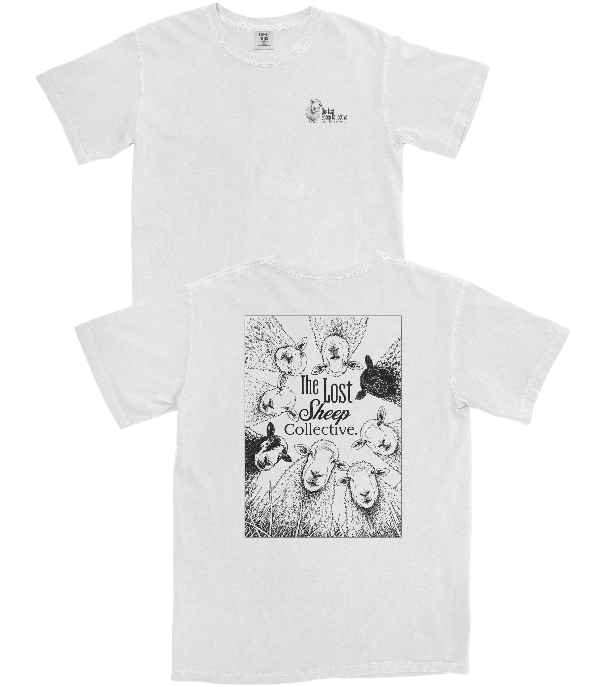 Two white short-sleeve T-shirts shown on a plain white background, with the front view above and the back view below. The front shirt has a small black chest logo reading The Lost Sheep Collective.