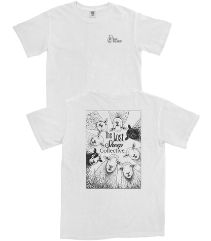 Two white short-sleeve T-shirts shown on a plain white background, with the front view above and the back view below. The front shirt has a small black chest logo reading The Lost Sheep Collective.