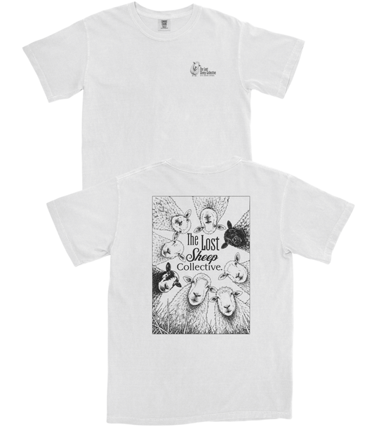 Two white short-sleeve T-shirts shown on a plain white background, with the front view above and the back view below. The front shirt has a small black chest logo reading The Lost Sheep Collective.