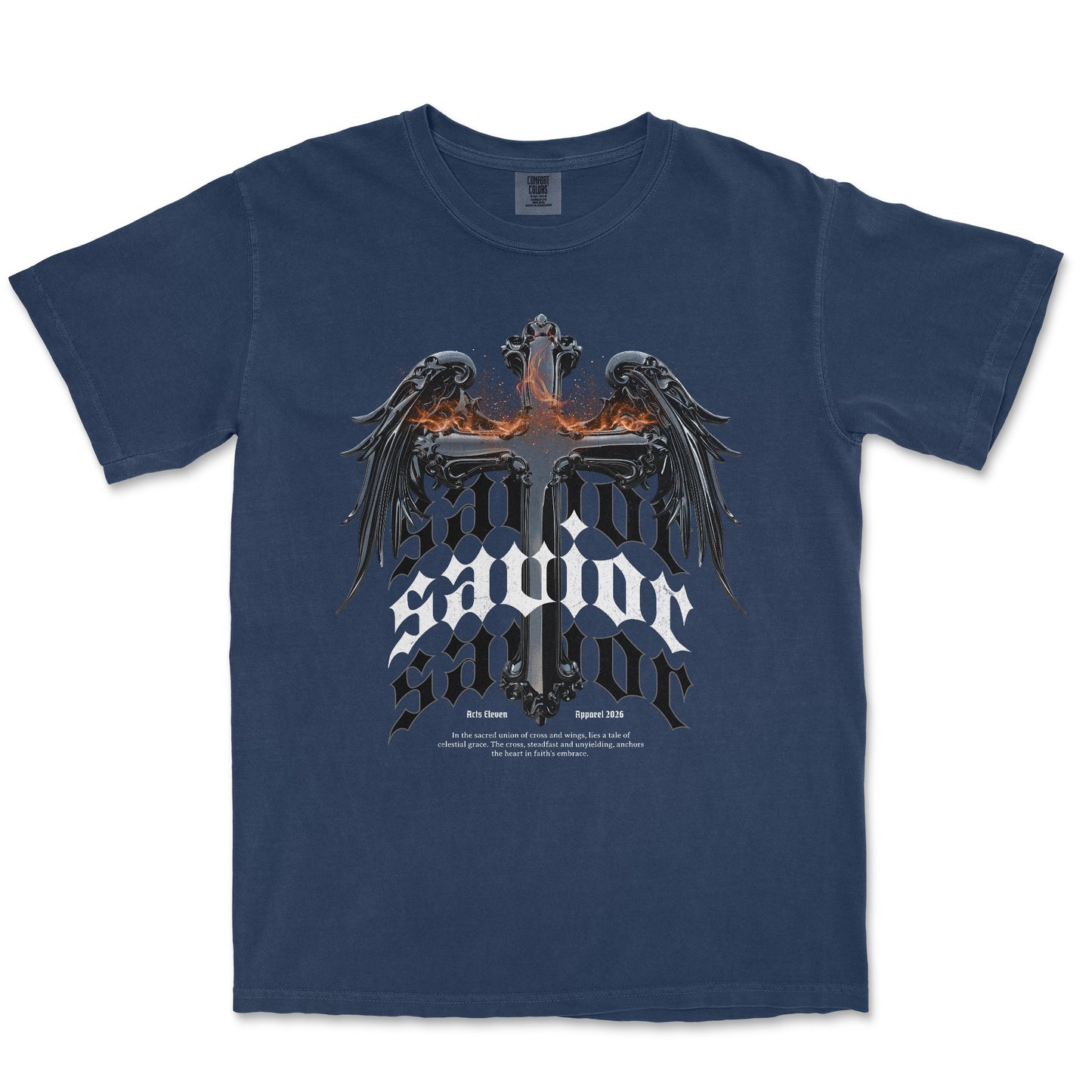A navy blue short-sleeve t-shirt with a detailed graphic on the front featuring a black winged gothic font