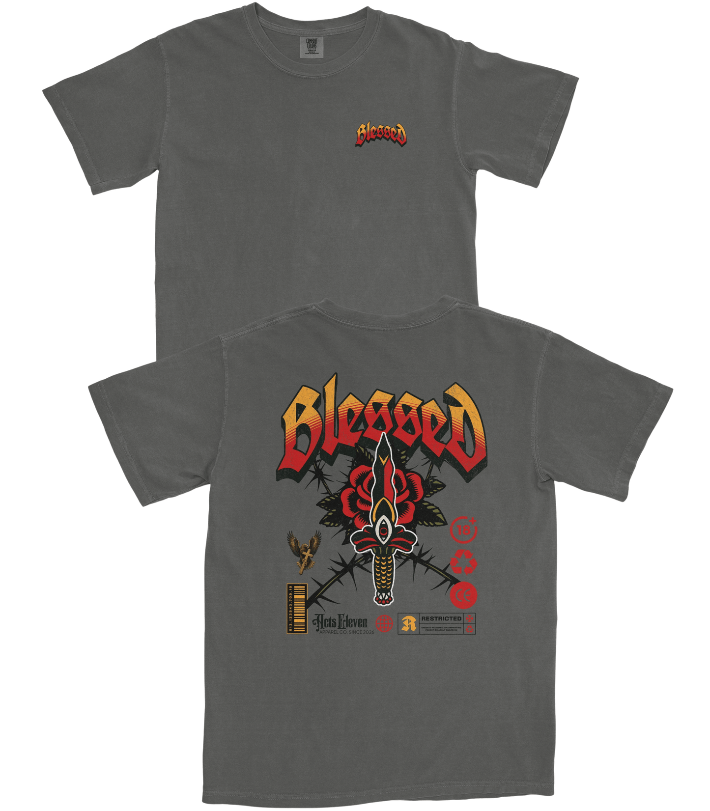 A dark gray t-shirt shown from both the front and back. The front features a small red and yellow 'Blessed' logo on the left chest.