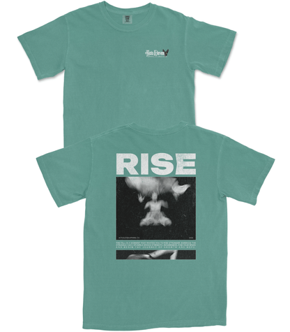 Two views of a mint green short-sleeve t-shirt for the band Rise. The top view shows the front chest with a small white logo, and the bottom view shows the back with a large white 'RISE' text print above a black-and-white graphic.