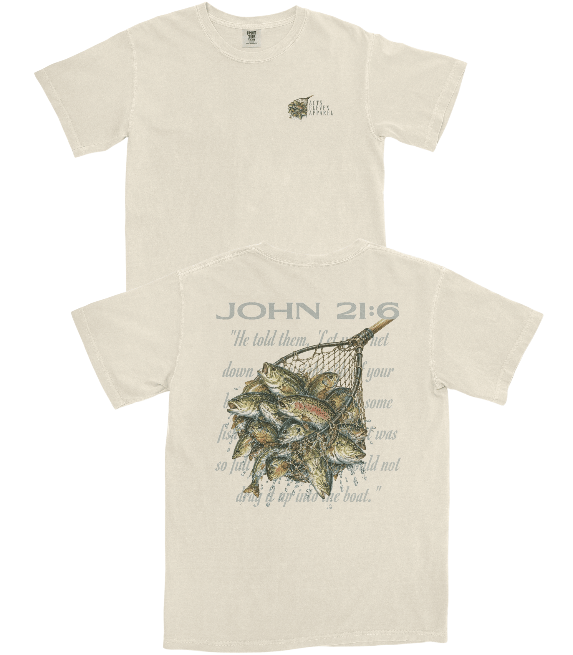 Two views of a light beige short-sleeve t-shirt on a white background. The top shows the front with a small dark green fisherman logo on the left chest.