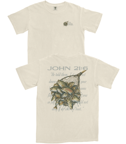 Two views of a light beige short-sleeve t-shirt on a white background. The top shows the front with a small dark green fisherman logo on the left chest.
