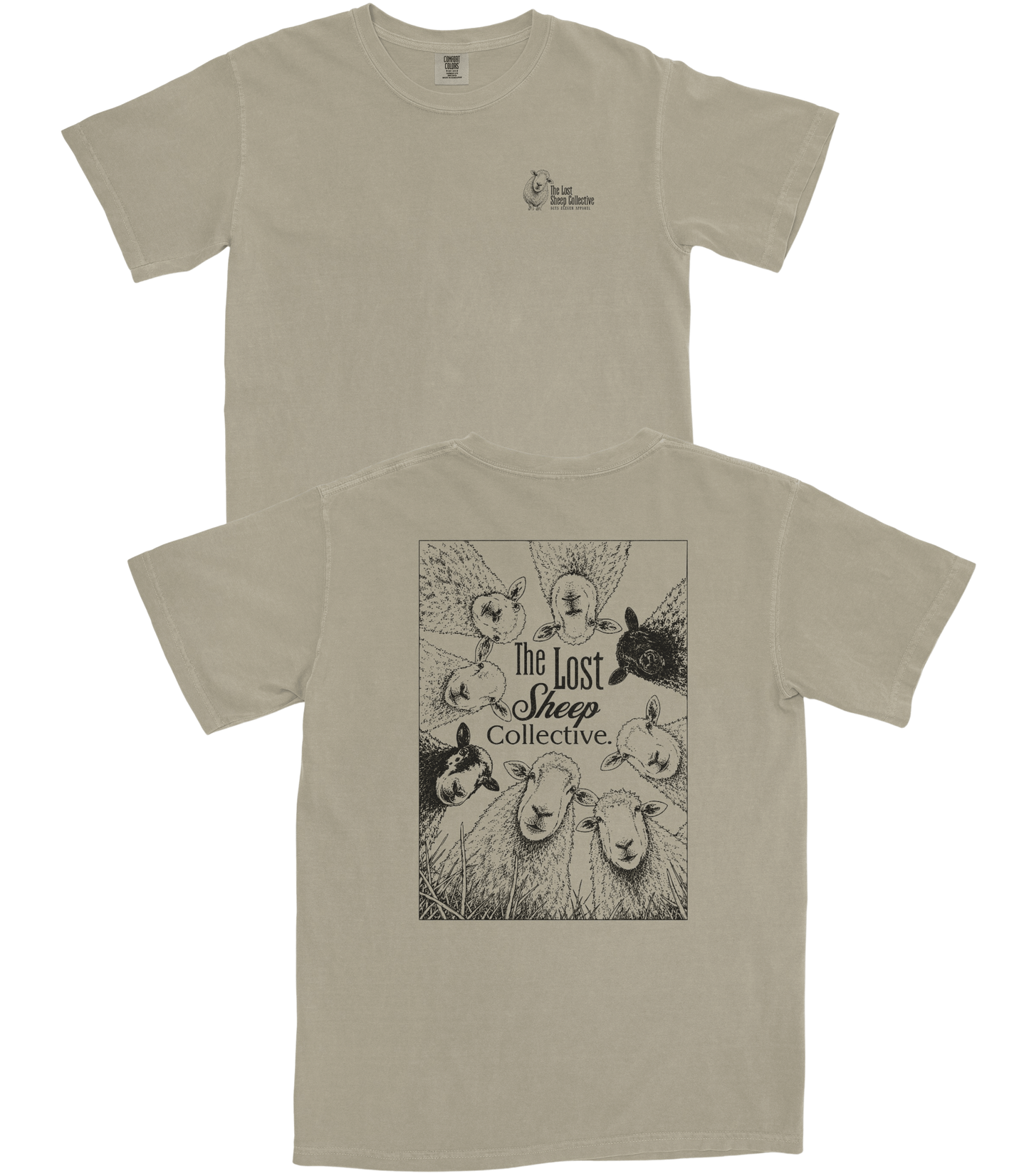 A light beige crewneck t-shirt shown from both the front and back. The front features a small, subtle black graphic on the left chest, while the back displays a large black-and-white graphic print of sheep heads with the text 'The Lost Sheep Collective'.