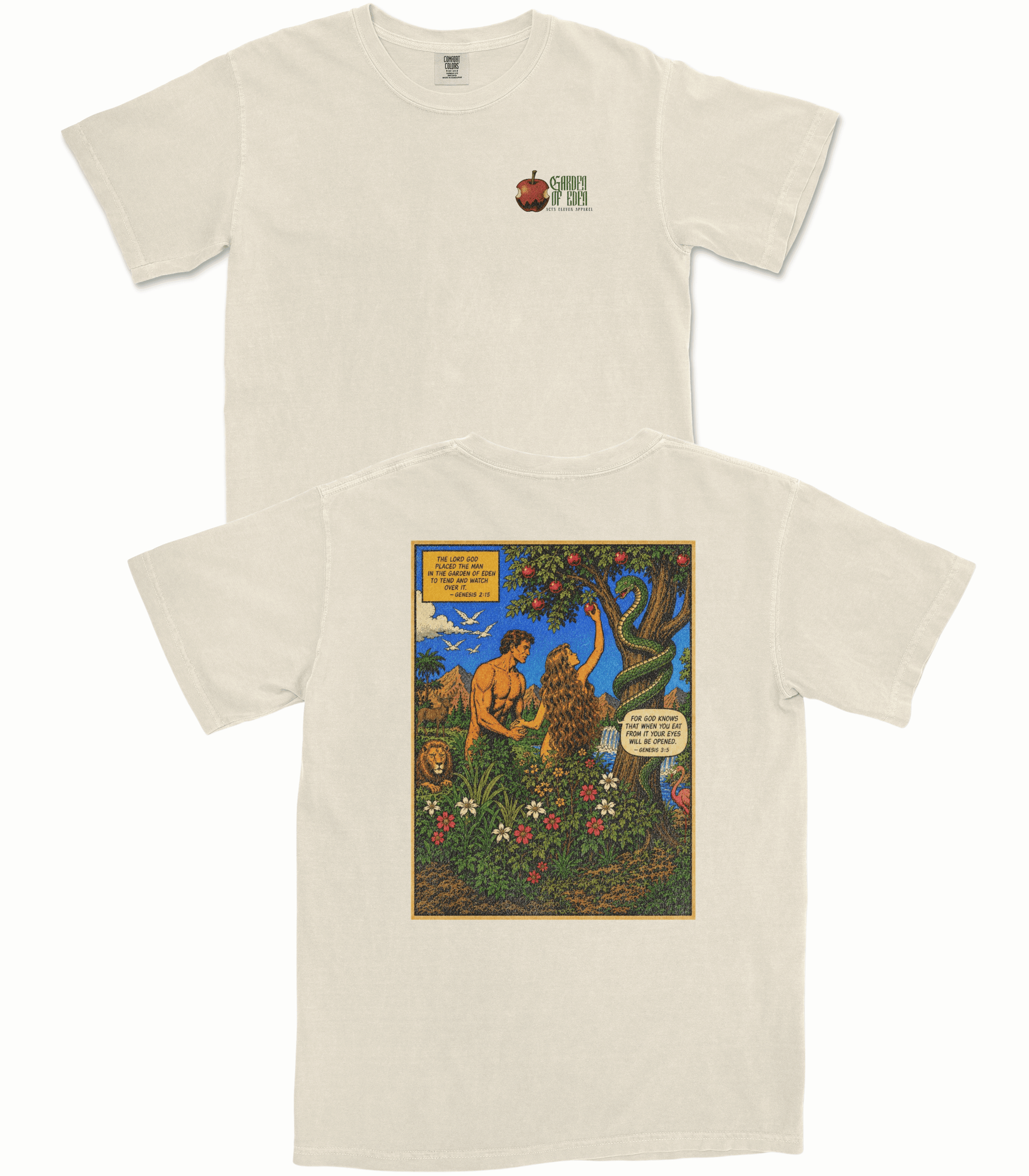 Two views of an off-white short-sleeve t-shirt on a white background. The top view shows a small green and red graphic on the left chest.