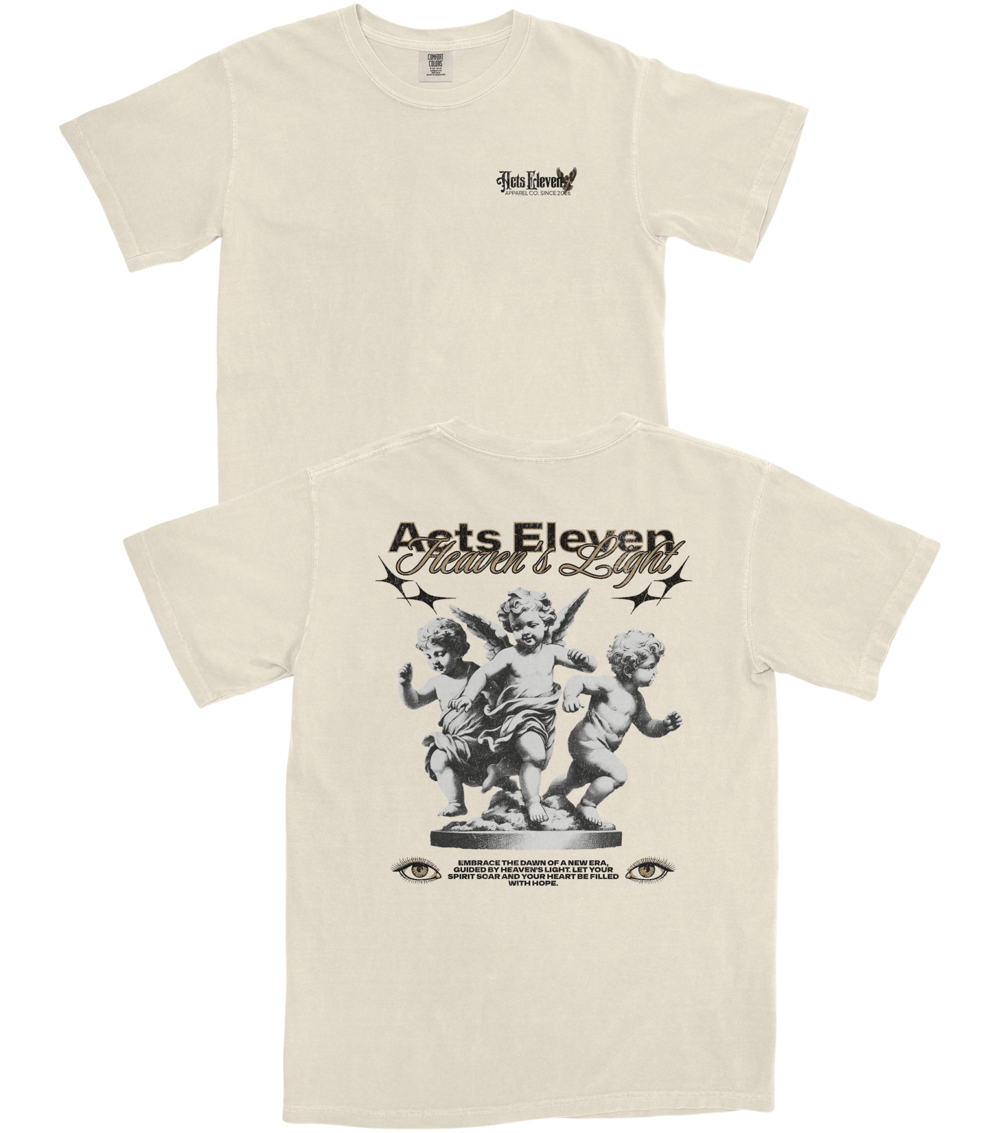Front and back views of an off-white short-sleeve t-shirt. The front features a small black graphic on the left chest, and the back features a large black graphic of cherubs with the text 'Acts Eleven' and 'Father's Day'.