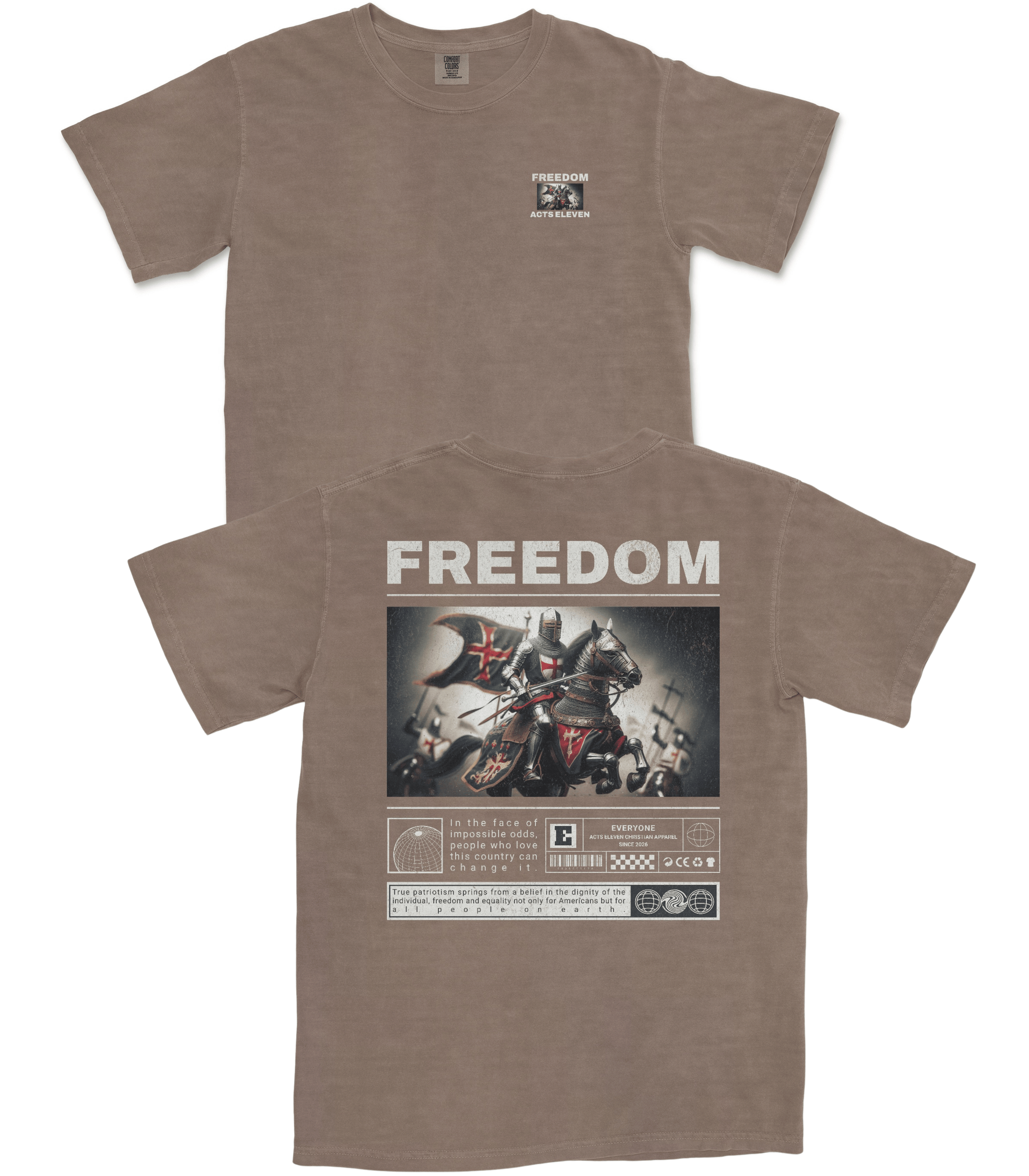 A brown short-sleeve t-shirt shown from both the front and back. The front features a small rectangular graphic on the left chest, while the back displays a large graphic print with the word 'FREEDOM' in bold white letters above an illustration of a knight on horseback and historical battle elements.