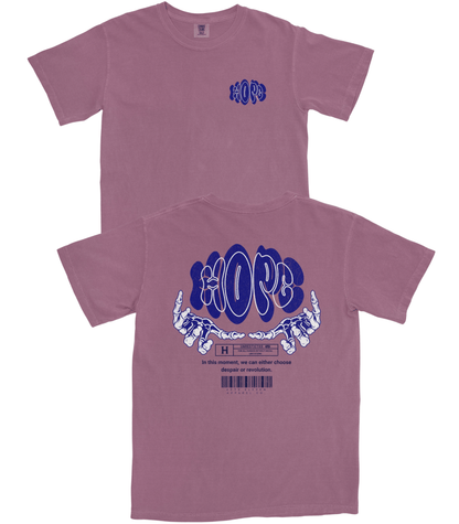 A dusty mauve short-sleeve t-shirt shown from both front and back. The front features a small blue graphic on the left chest reading 'HOPE' with a heart.