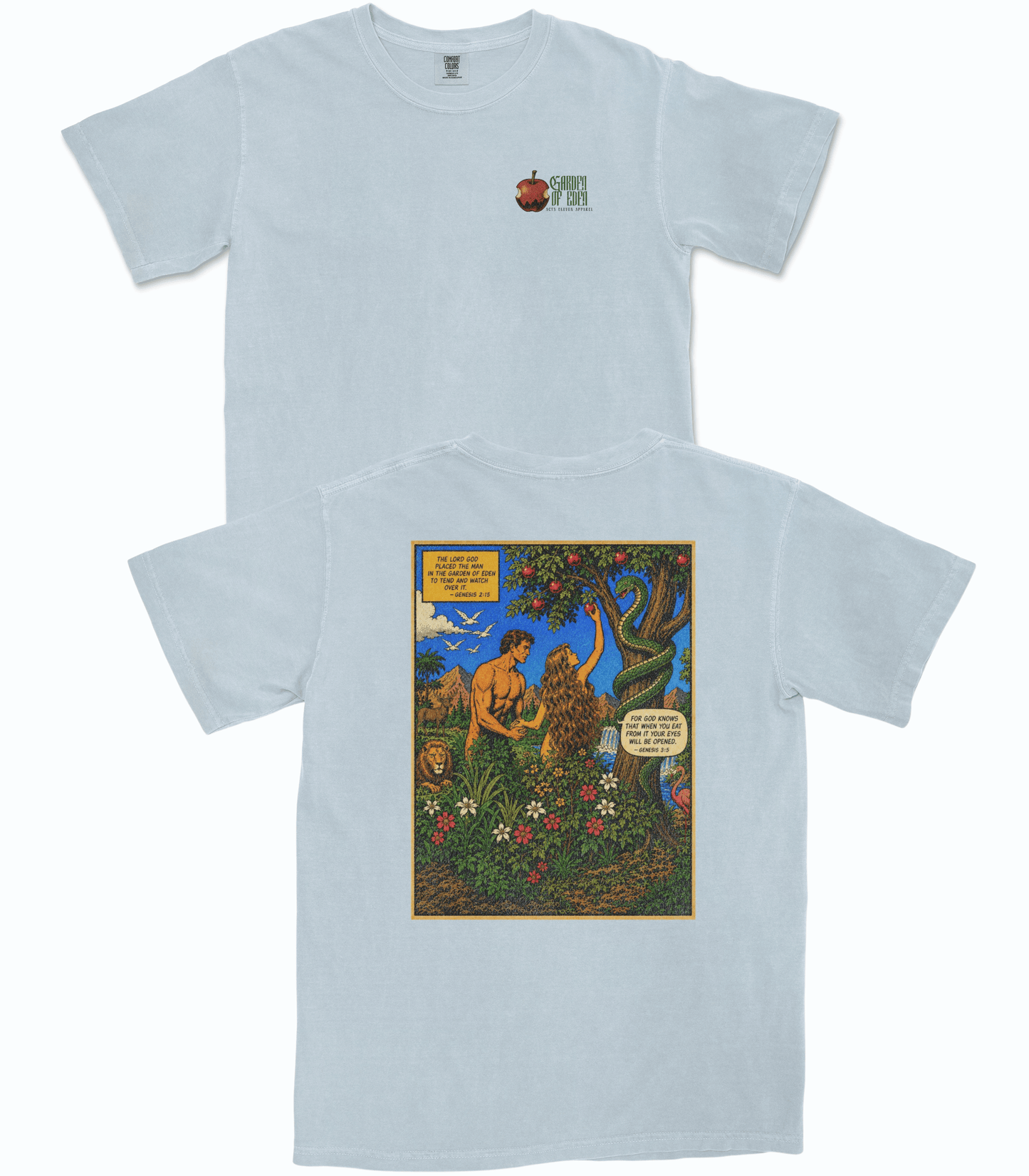 A light blue short-sleeve t-shirt shown from both the front and back. The front features a small green and red graphic on the left chest.