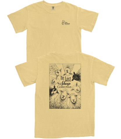 A pale yellow short-sleeve t-shirt shown from both front and back. The front features a small black graphic logo on the left chest, and the back displays a large square black graphic of sheep heads with the text 'The Lost Sheep Collective'.