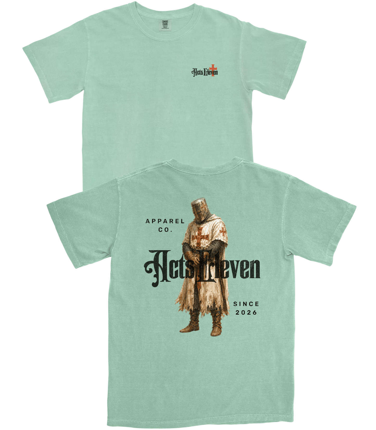 Two mint green t-shirts shown on a white background, displaying the front and back designs.