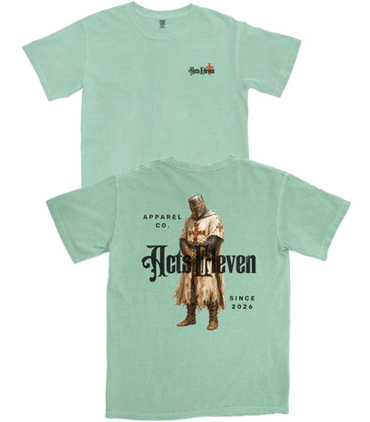 Two mint green t-shirts shown on a white background, displaying the front and back designs.