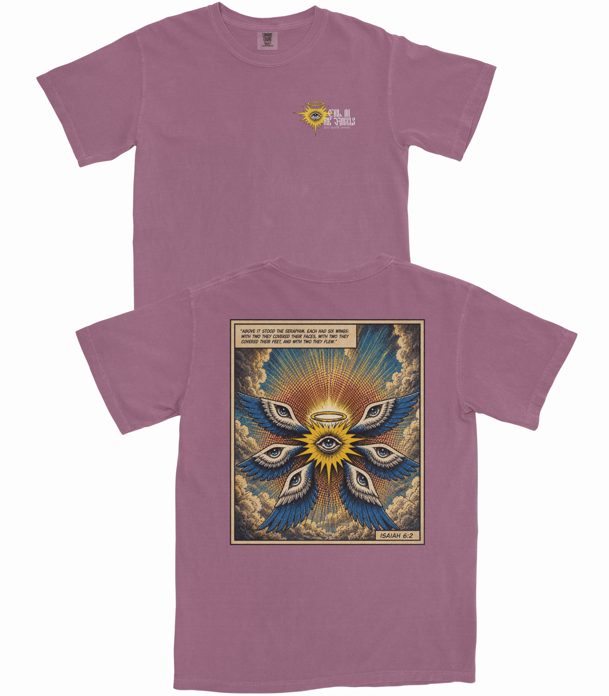 A mauve purple t-shirt shown from both the front and back. The front features a small yellow and white graphic on the left chest.