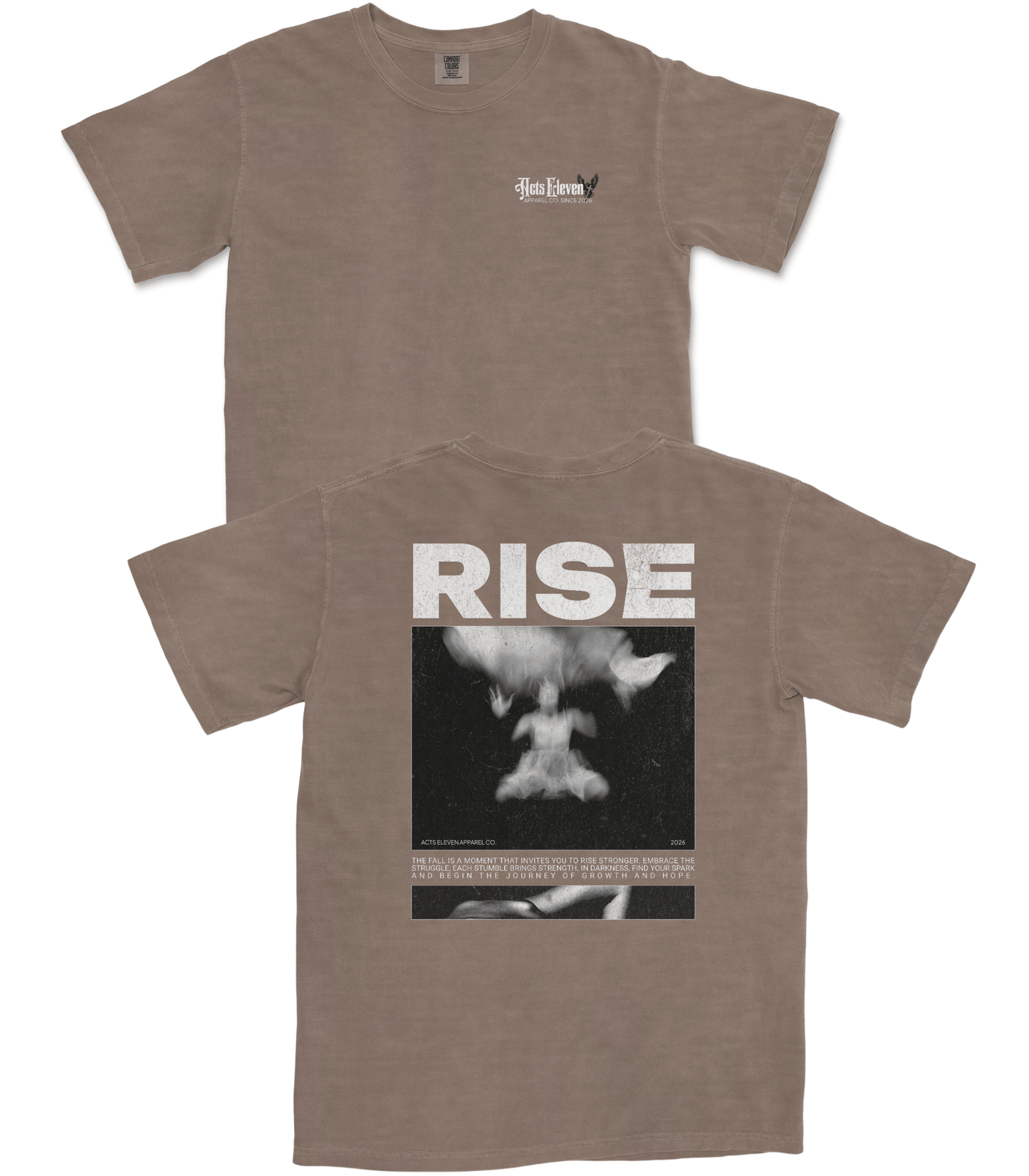 A brown short-sleeve t-shirt shown from both front and back. The front features a small white 'Don't Look Back' logo on the left chest.