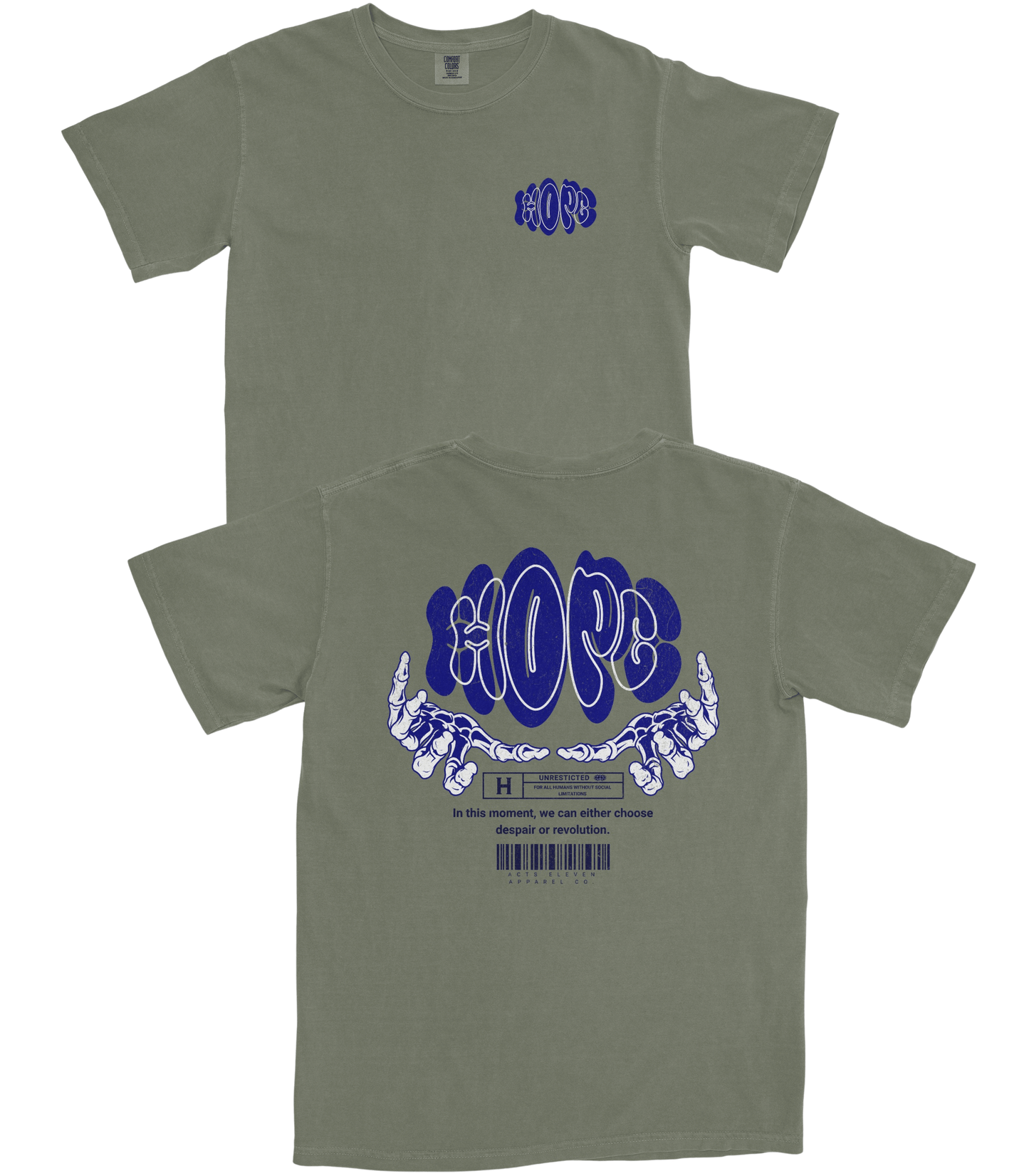An olive green t-shirt shown from both the front and back. The front features a small blue graphic on the left chest reading 'HOP'.