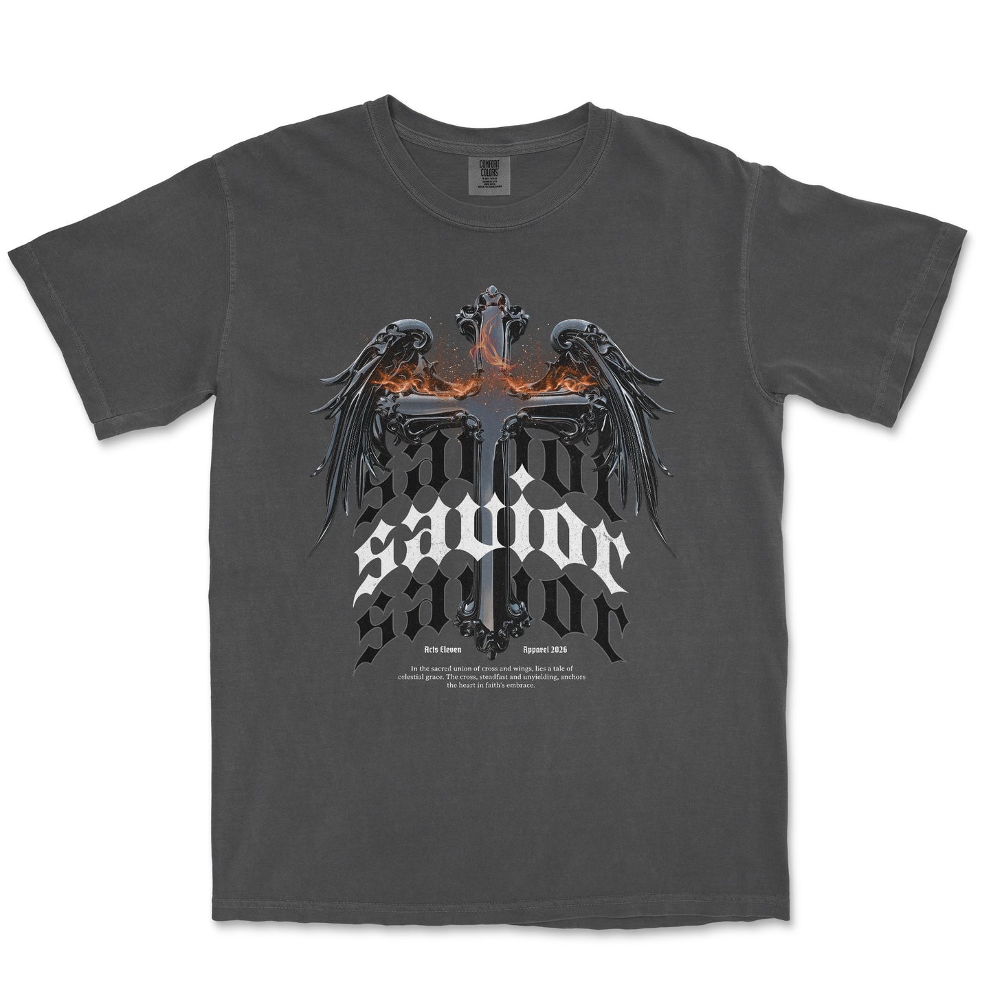 A dark gray crewneck t-shirt featuring a gothic-style graphic print of a double-headed eagle with wings on either side of the word 'Eternal', above the words 'Salvation Salvation'. The graphic is detailed in black, white, and fiery orange tones.