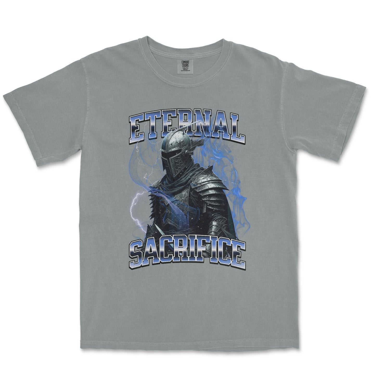 A light gray crewneck t-shirt featuring a graphic print of a knight in dark armor with blue lightning effects and the words 'ETERNAL SACRIFICE' in a stylized blue and white font.
