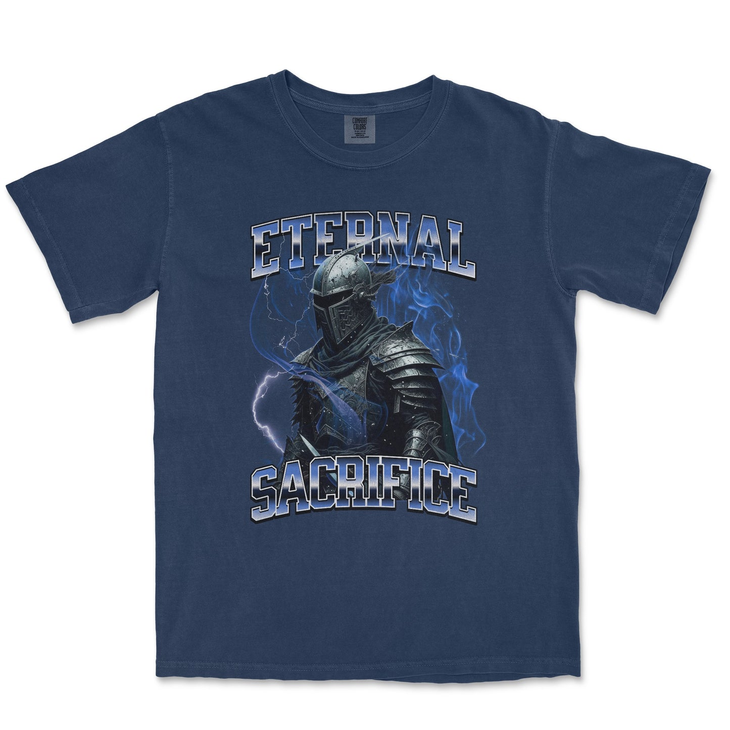 A navy blue short-sleeve t-shirt with a graphic print of a knight in dark armor surrounded by blue lightning effects, with the words 'ETERNAL SACRIFICE' in a stylized metallic font.