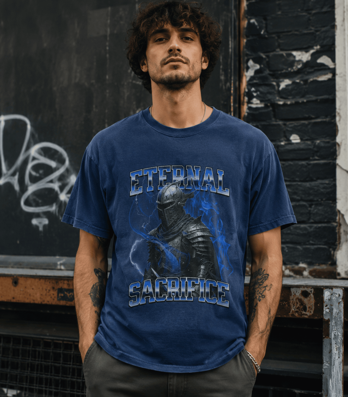 A man wearing a faded blue graphic t-shirt with 'ETERNAL SACRIFICE' and a knight design, standing in front of a dark brick wall.