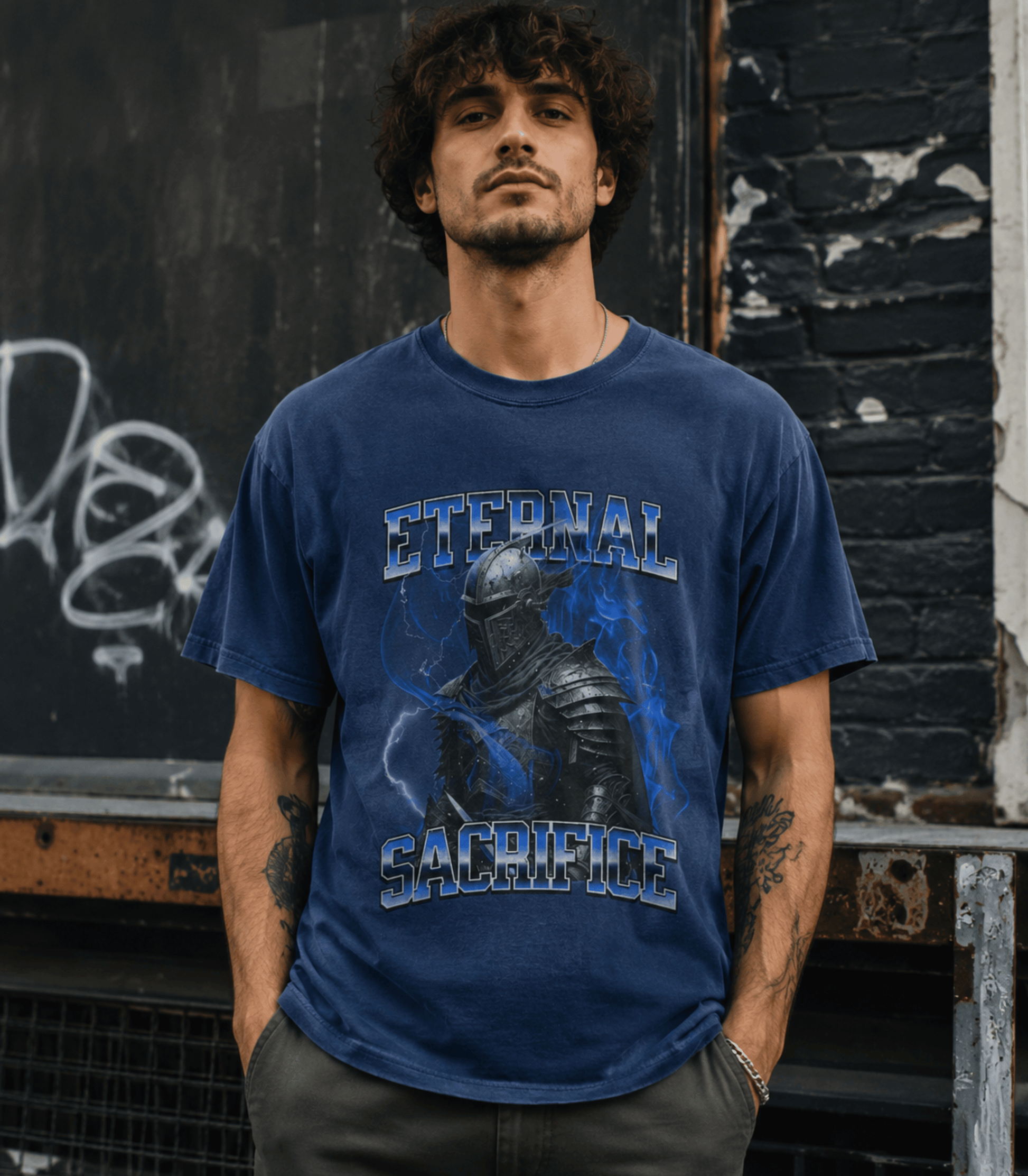 A man wearing a faded blue graphic t-shirt with 'ETERNAL SACRIFICE' and a knight design, standing in front of a dark brick wall.