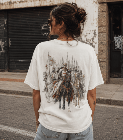 A woman viewed from behind wearing a white graphic t-shirt with a large medieval knight illustration on the back, set against an urban street background.