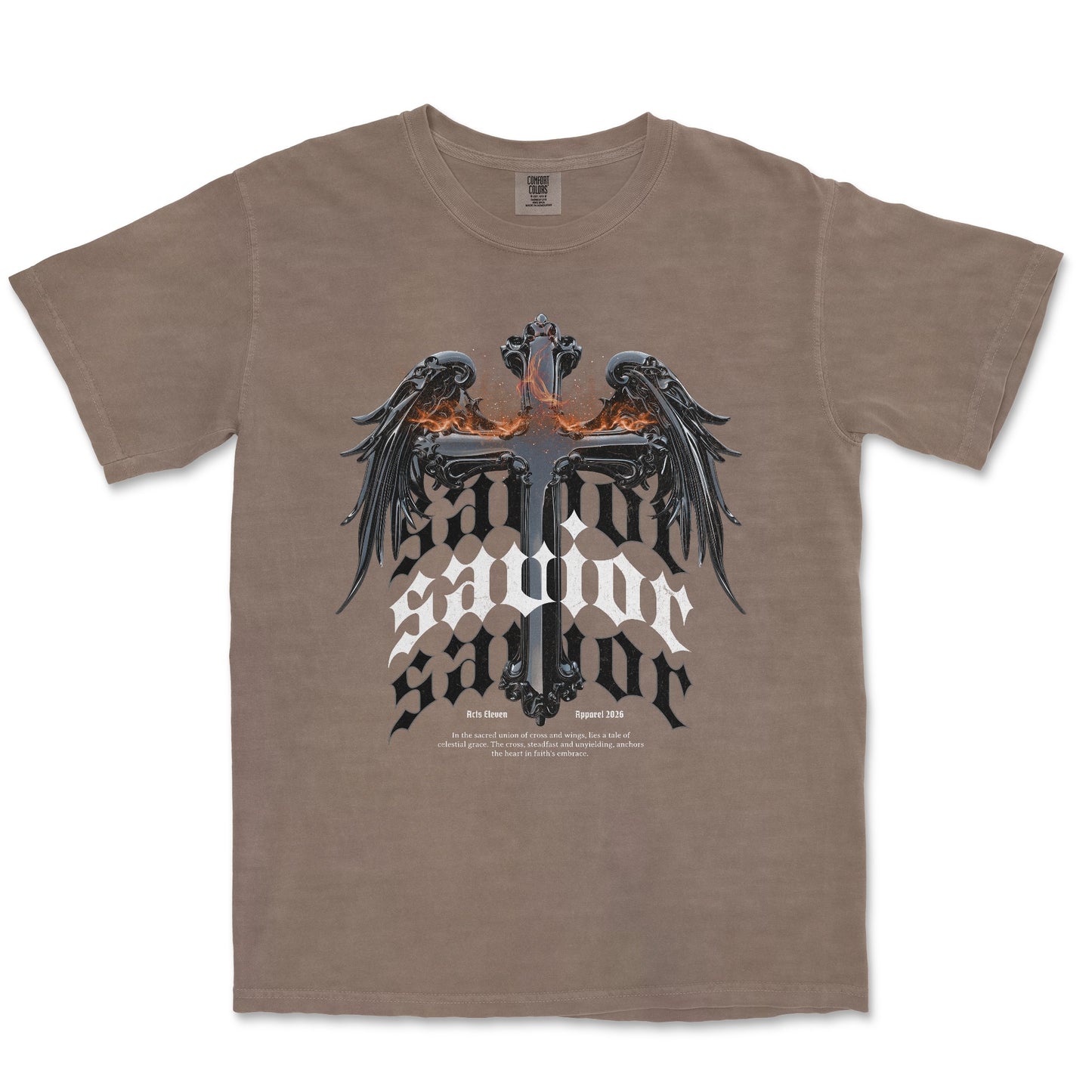 A taupe brown short-sleeve t-shirt featuring a gothic-style graphic of a double-headed eagle with wings on a cross, above the words 'SALVATOR SALVATOR', in black, white, and orange.