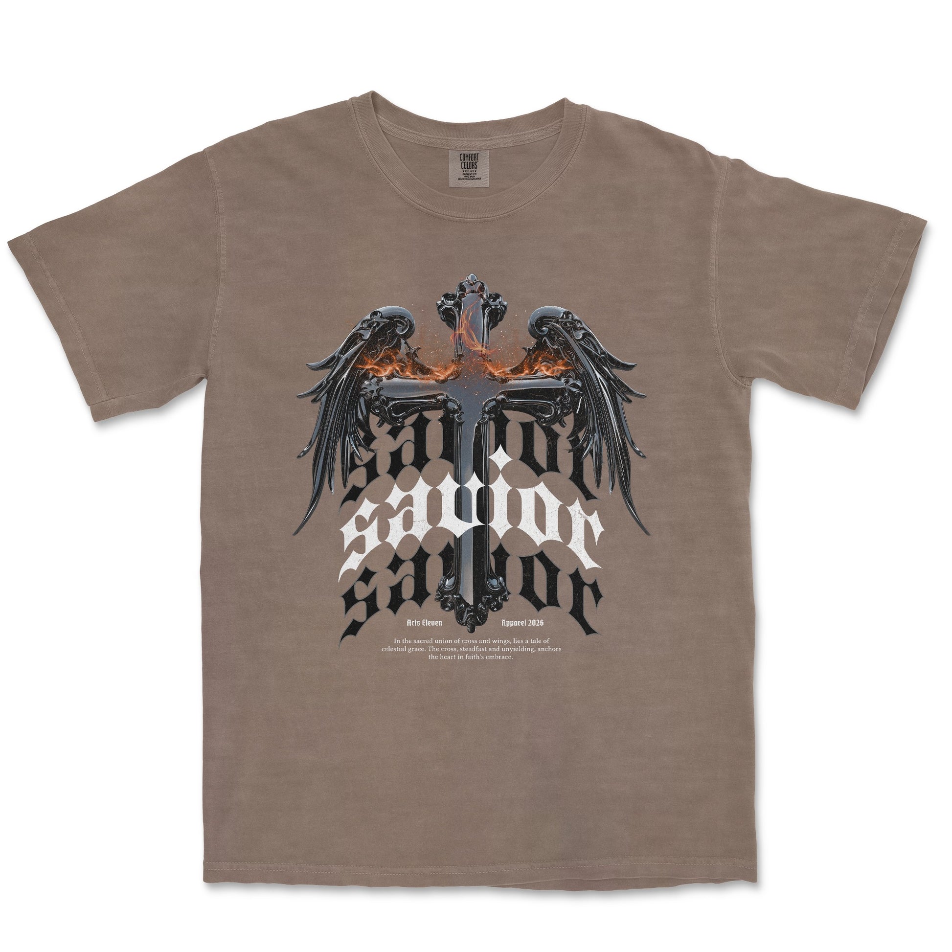 A taupe brown short-sleeve t-shirt featuring a gothic-style graphic of a double-headed eagle with wings on a cross, above the words 'SALVATOR SALVATOR', in black, white, and orange.