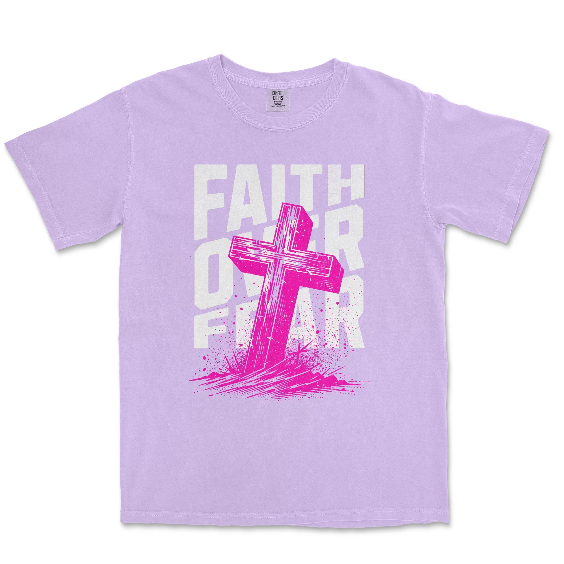 A light purple short-sleeve t-shirt with a graphic on the front featuring a bright pink cross and the words 'FAITH OVER FEAR' in white and pink.
