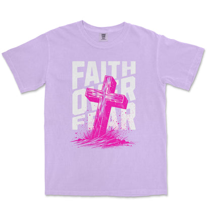 A light purple short-sleeve t-shirt with a graphic on the front featuring a bright pink cross and the words 'FAITH OVER FEAR' in white and pink.