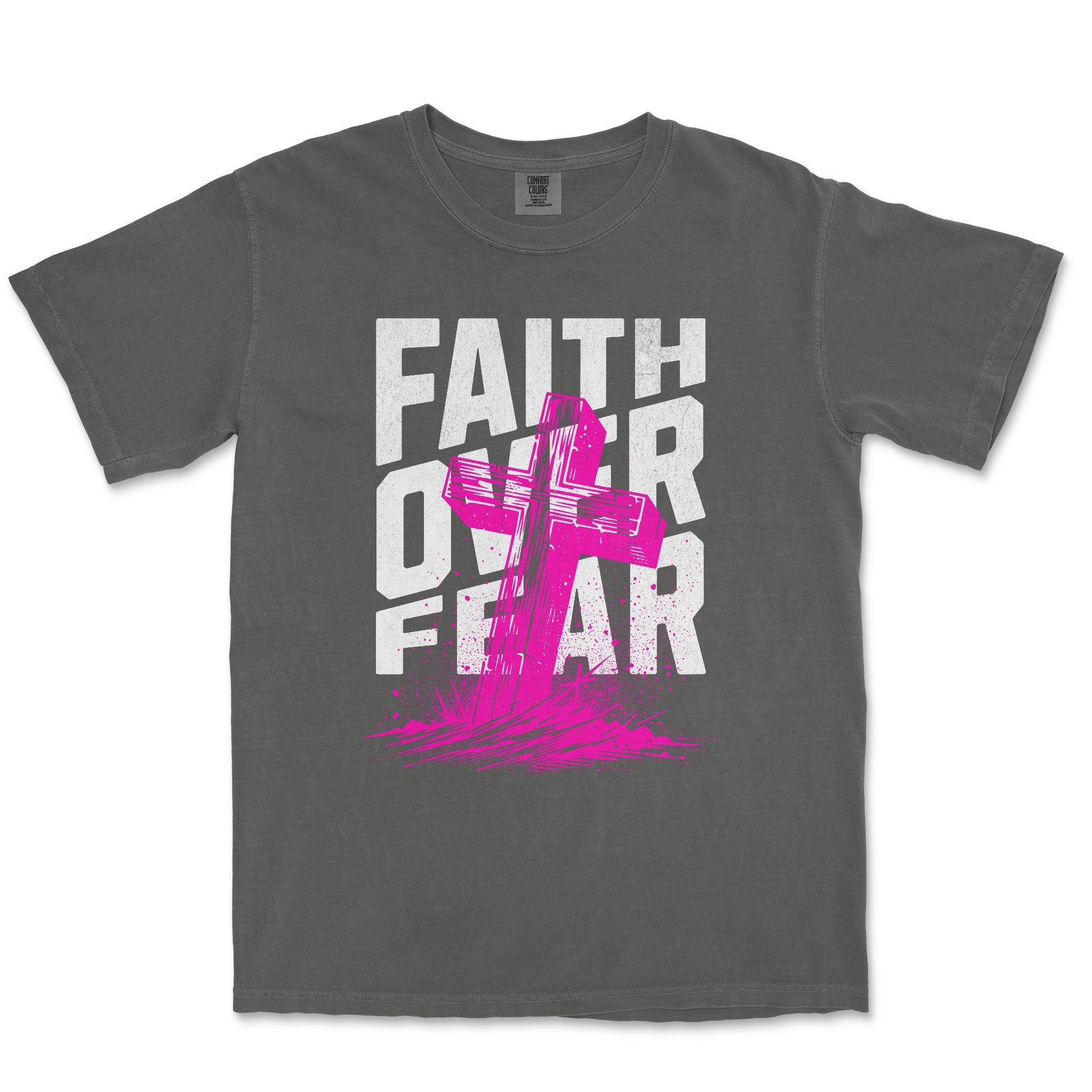 A dark gray crewneck t-shirt featuring a distressed white graphic text 'FAITH OVER FEAR' with a bright pink cross and paint-splatter design.